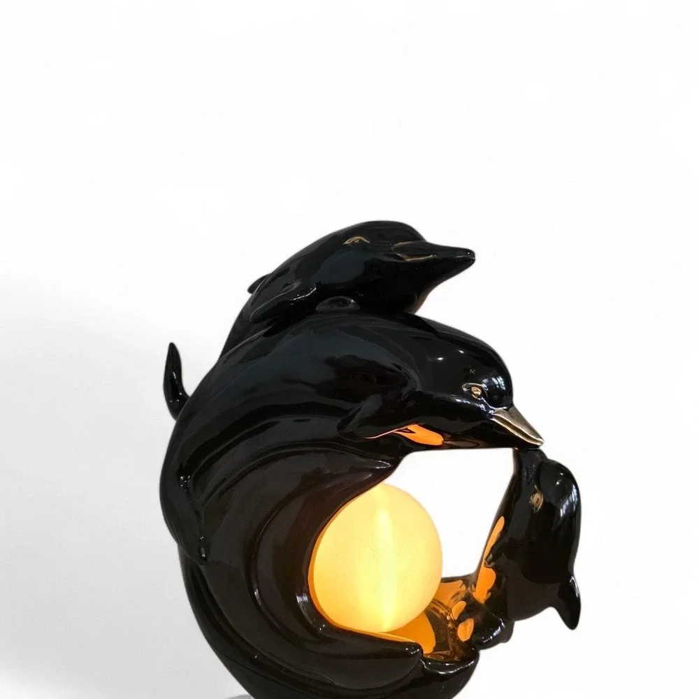 Vintage Dolphins TV Lamp 50's Black And Gold mcm Working Unique Gift
